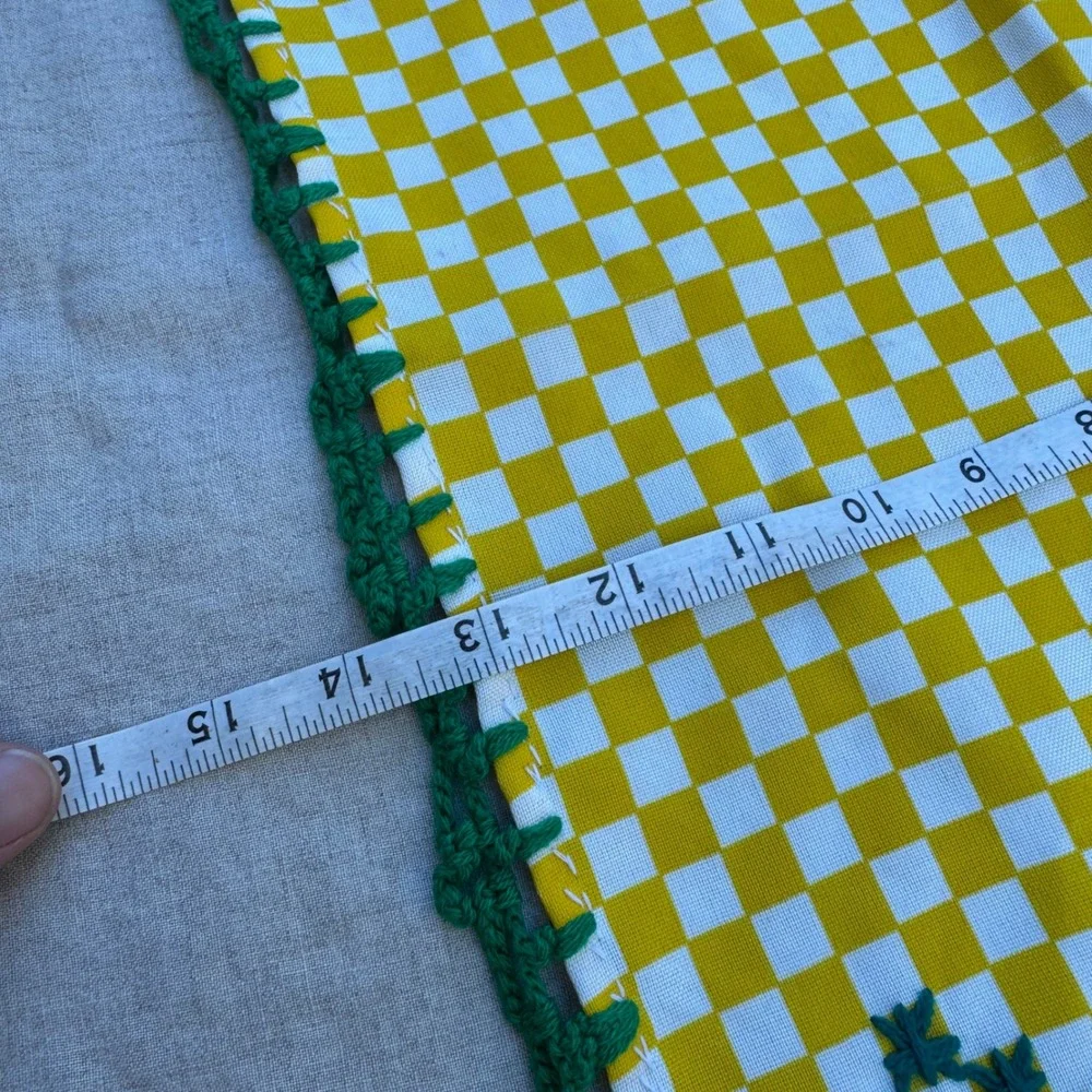 Vintage Gingham Hand Towel Yellow Green Checker Embroidered Crochet Trim table